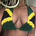 model wears Jamaica flag bikini top