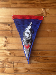 Blue, gray and red crochet pennant flag of the tin man