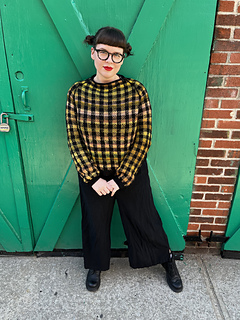 44" garment on 41" bust. Body knit to 12". Sleeves knit to 18.5".