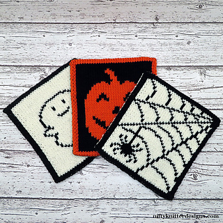 Happy Ghost Potholder, Halloween Pumpkin Potholder, and Spiderweb Potholder