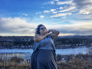 58.5" garment on 56" bust, body knit to 11", straps knit to 4"