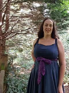 Collage of crochet lace strip, Simple Summer Sash, worn by a woman as high waist belt tied in a bow