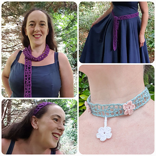 Collage of crochet lace strip, Simple Summer Sash, worn by a woman as belt, hairband, scarf and choker