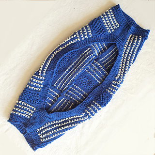 Blue and white knitted shrug open to show inside
