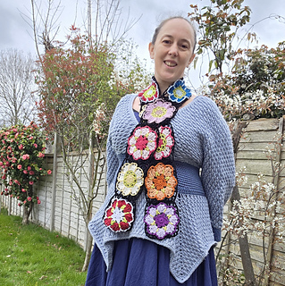 Black lace scarf with bright floral granny squares