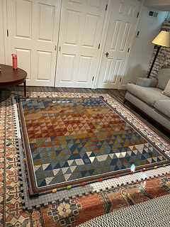 The completed blanket, laid out for blocking