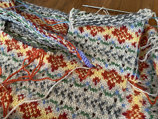 Step one: grafting the new front onto the sweater. (I finally remembered the key thing to grafting colorwork: do it on an existing row!)
