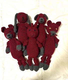 L to R: Bear, bunny, pony, dog, cat.
