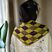 Harlequin diamond face worn across the shoulders, seen from the back.