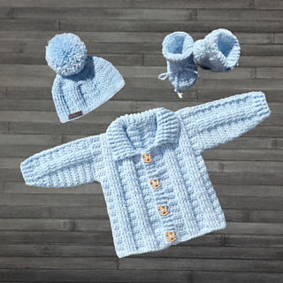 Zeb cardigan hat and booties 0-2Y available as a separate pattern