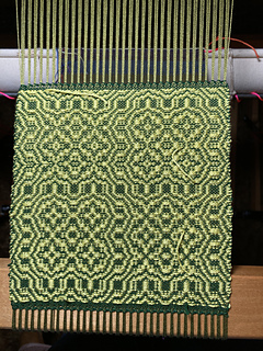 Kelp warp, forest green tabby weft, yellow pattern weft
