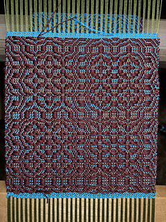 Week 2 #2, Kelp warp, sky blue tabby weft, burnt umber pattern weft