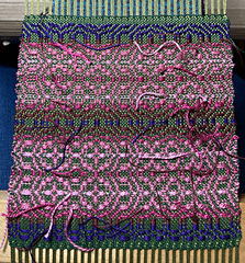 Week 3 #1, Kelp warp, forest green tabby weft, pinks, purple and dark umber pattern weft