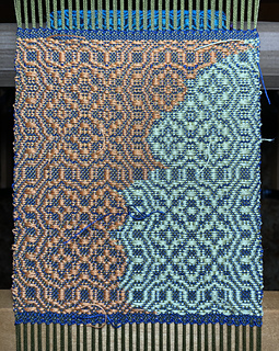 Clasped weft. Kelp warp, Soldier Blue tabby weft, Tangerine and Butter pattern wefts