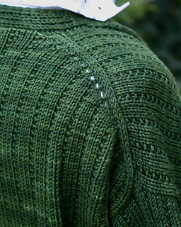 Back shoulder detail; Size 2 knit by Heather @sewhappyjane in Sew Happy Jane Meadow DK, color Envy
