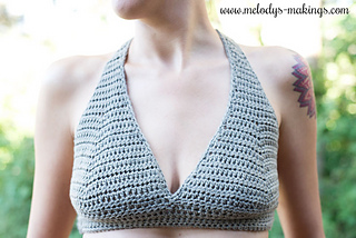 Melody's Makings - Racerback Crochet Bralette Pattern This free crochet bra  pattern features worsted (4) weight yarn and size 6.0mm (J) crochet hook.  Pattern is written in a tutorial style to accommodate