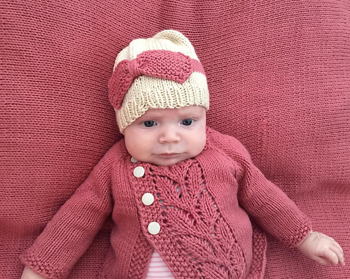 Knitted Baby Sweater Autumn Maple Leaf Design In Dusty Rose