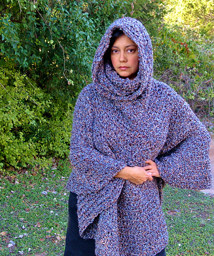 A super-bulky layered wrap with integrated hood and cowl