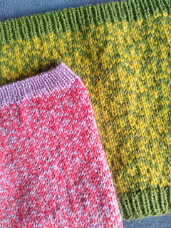 Two-colour versions of Hope Grows Roots Cowl, in DK and fingering weights.