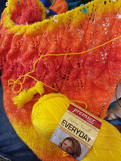 I ran out of yarn with 3.5 yards to go, and while the DN Everyday was a perfect color match, I had to split it down to 2-ply to match the gauge. So much fun! 