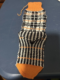 Sock 1, finished, back view, heels down