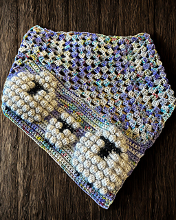 Whistling Kettle Tea Shop (fingering weight) in “Wildflower Child” (main color), “Betty” (held with Knitting for Olive silk mohair in “powder” for the sheep body) and “Cinder” (sheep feet & face)
