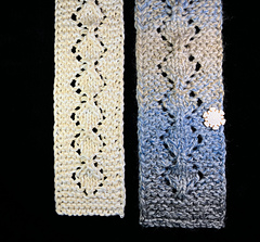 Comparison of scarves knit with 2-DK-weight yarns and a variegated chunky yarn 