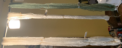 skeins drying, including the copper-mordanted green one.
